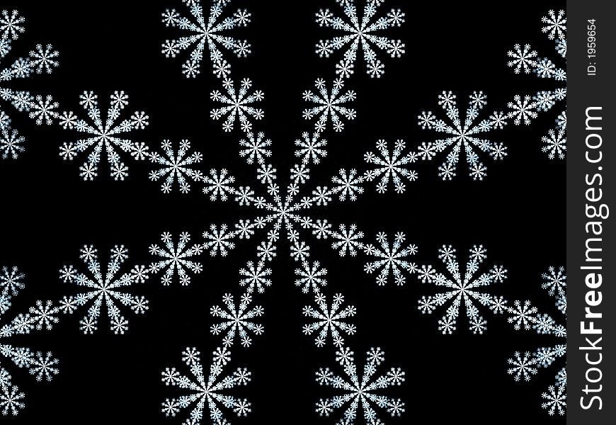 Fractal rendering resembling snowflakes on black