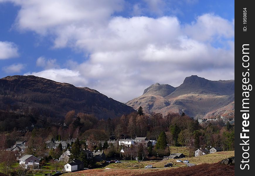 View of village in the mountains in Lake District - England