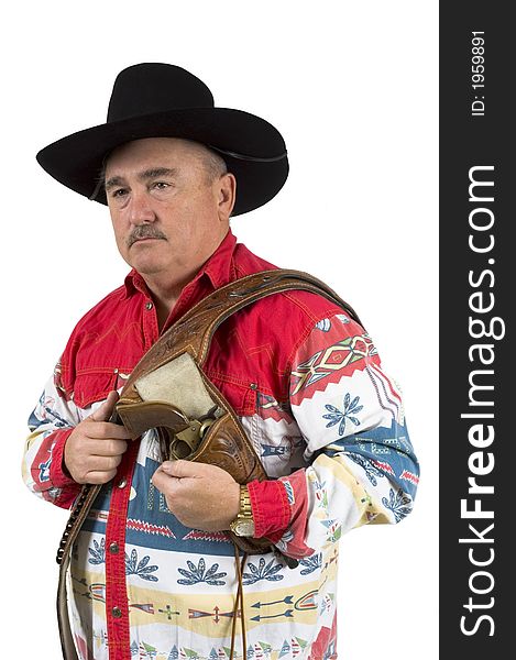 Cowboy with holster over shoulder on a white background