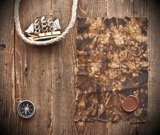 Old Paper, Rope And Model Classic Boat Royalty Free Stock Image