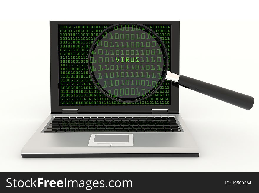 Laptop with a magnifying glass and VIRUS word on the screen. 3D render image. Laptop with a magnifying glass and VIRUS word on the screen. 3D render image.