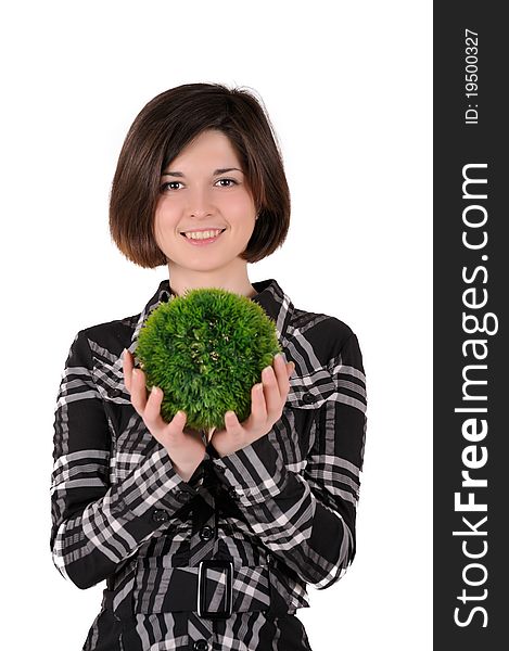 Girl holding a bowl of herbs, isolated on white. Girl holding a bowl of herbs, isolated on white