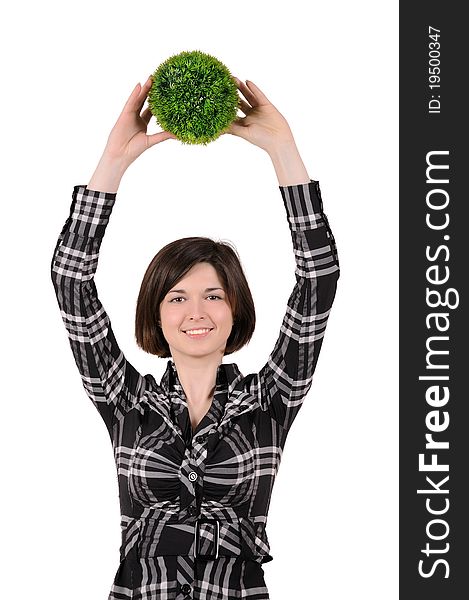 Girl holding a bowl of herbs, isolated on white. Girl holding a bowl of herbs, isolated on white