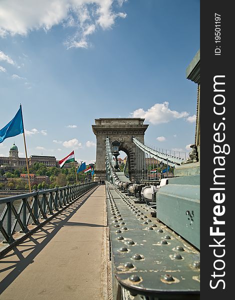 View on the Chain Bridge across the Danube in Budapest, Hungary