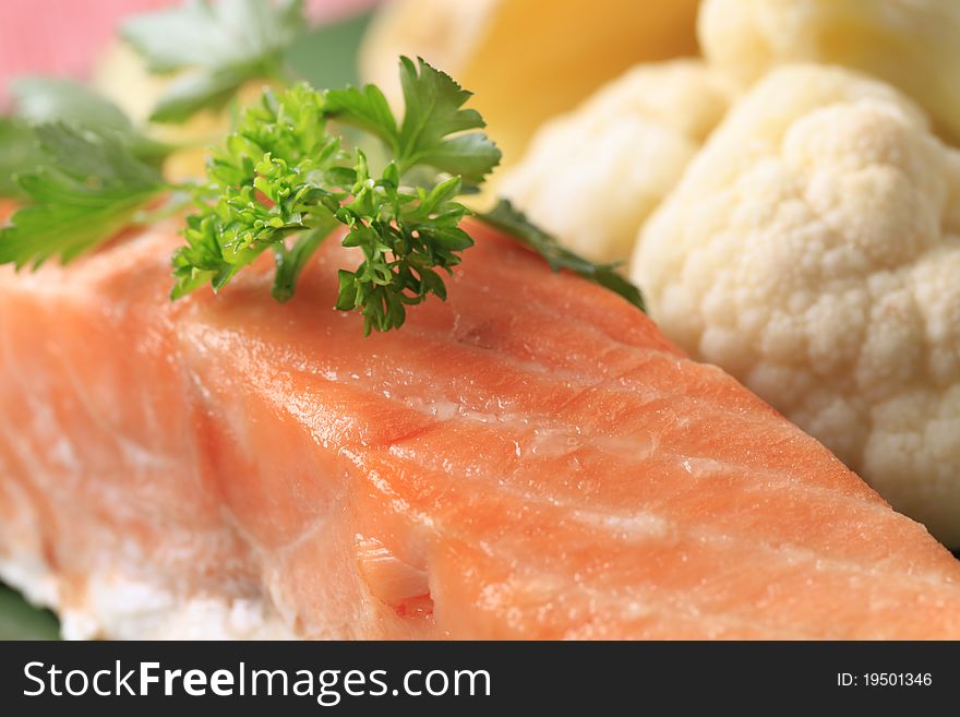 Salmon fillet garnished with fresh parsley - macro