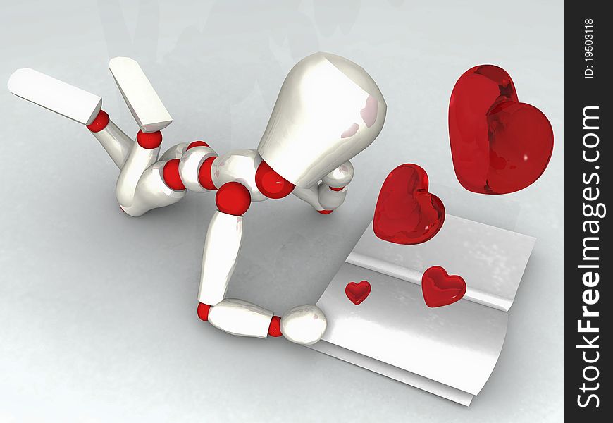 Illustration of mannequin of lying white color reading a book around with red hearts. Illustration of mannequin of lying white color reading a book around with red hearts