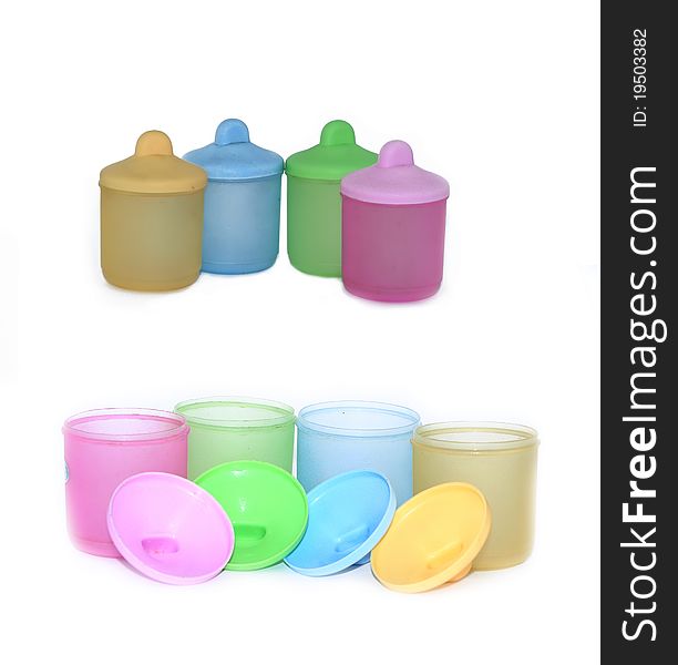 Colorful containers for food storage in home kitchen.