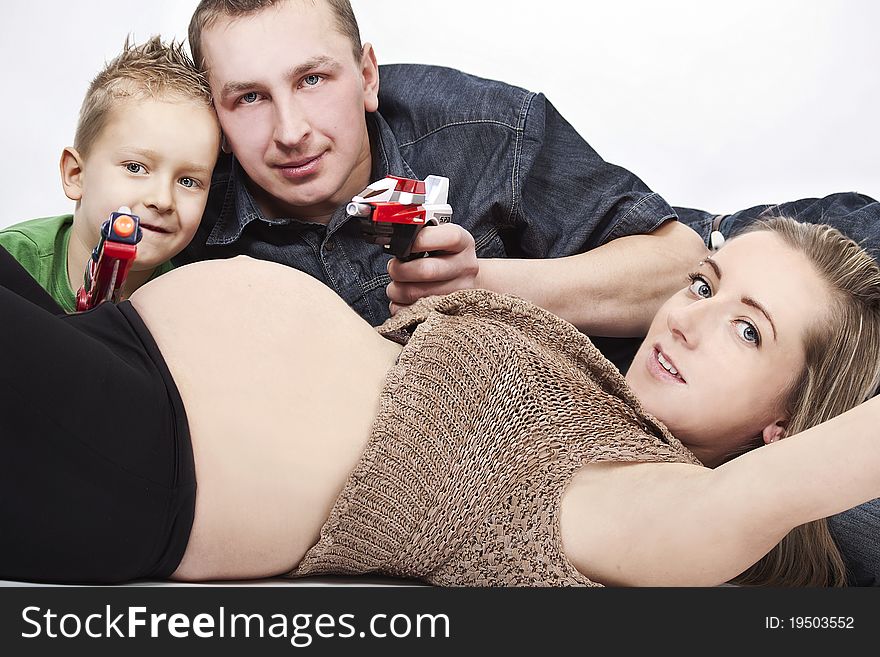 Dad and son as a bodyguards for pregnant mum. Dad and son as a bodyguards for pregnant mum