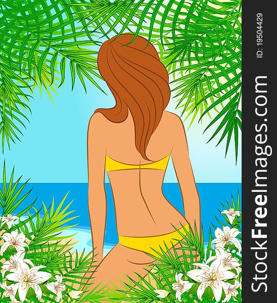Beautiful sexy woman with tropical flowers on an abstract background. Beautiful sexy woman with tropical flowers on an abstract background.