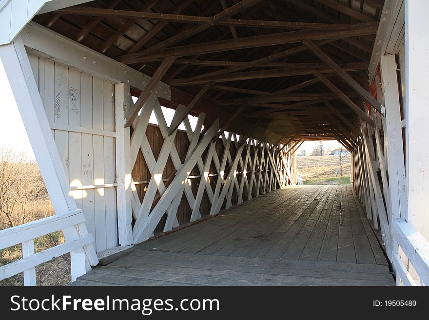 An artistic shot inside of a covered bridge in Madison County, Iowa.