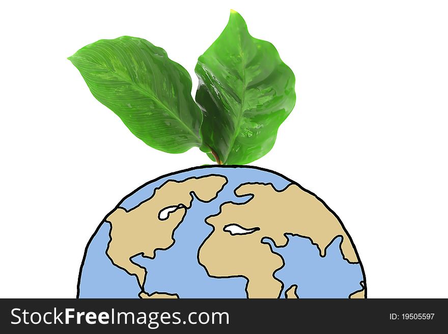 Symbolic image with green earth globe and leaves