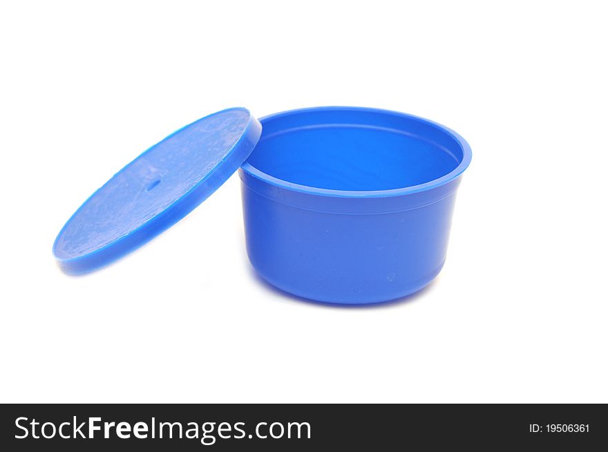 Blue plastic can on white