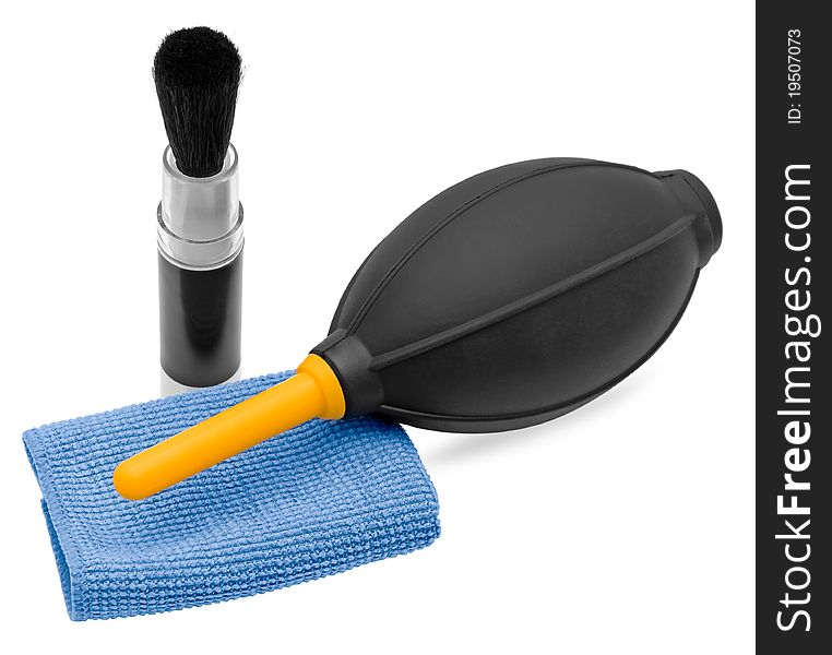 Lens cleaner accessories isolated on a white background
