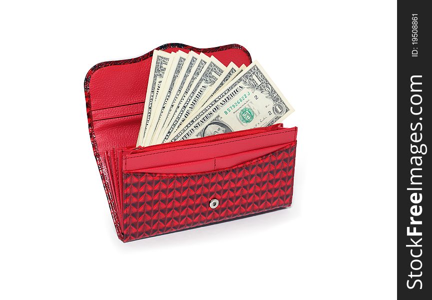 Few one dollar notes inside red open change purse. Isolated on white with clipping path. Few one dollar notes inside red open change purse. Isolated on white with clipping path