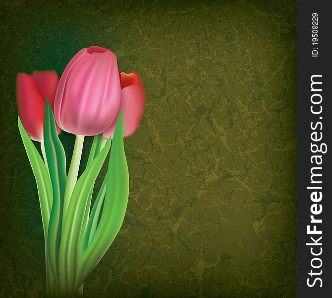 Abstract floral illustration with red tulips on cracked green background