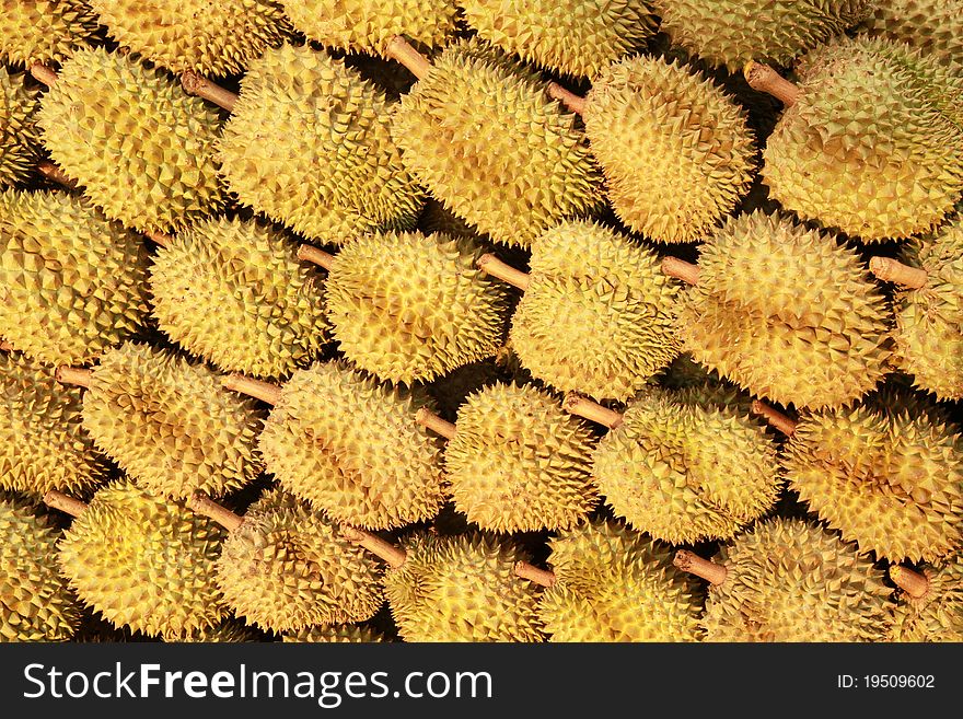 Durian , king of fruit at a market stall.