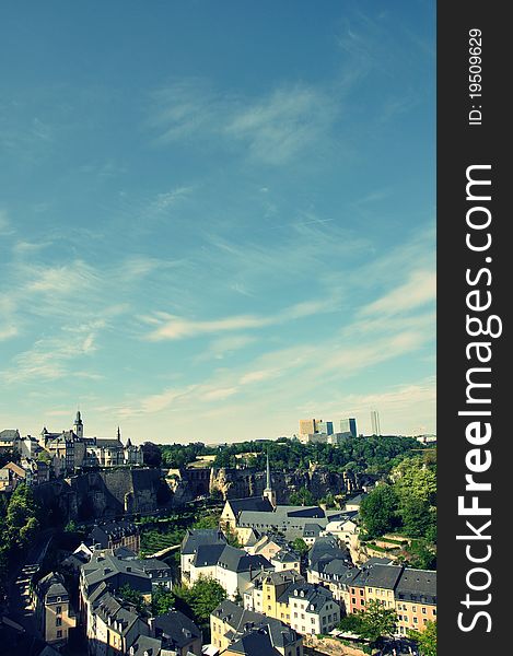A view of Luxembourg in spring - the lower city Grund, the upper main city, and new kirchberg
