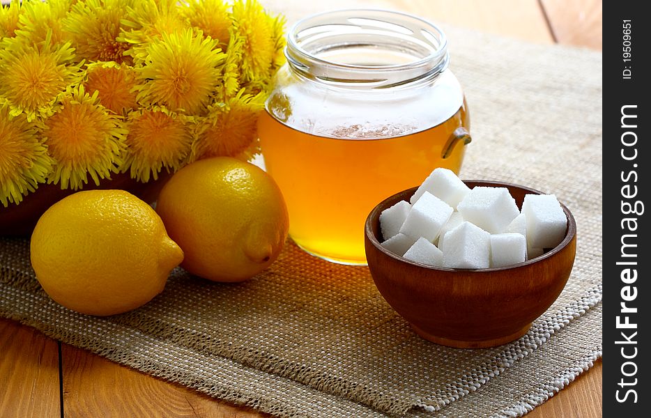 Jam of dandelion (dandelion honey) and components for it`s preparation. Jam of dandelion (dandelion honey) and components for it`s preparation.