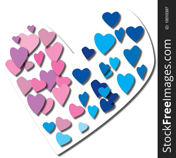 Pink and blue hearts in a white background