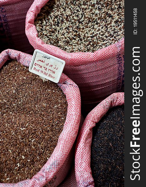 Sacks of wild rice mixes in a spice and dry goods store in Nazareth, Israel. Sacks of wild rice mixes in a spice and dry goods store in Nazareth, Israel.