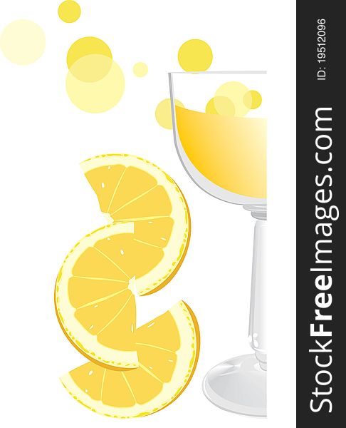 Glass with juice and pieces of orange. Fragment. Illustration