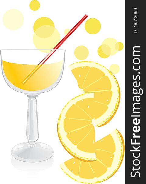 Glass with juice and pieces of orange. Illustration