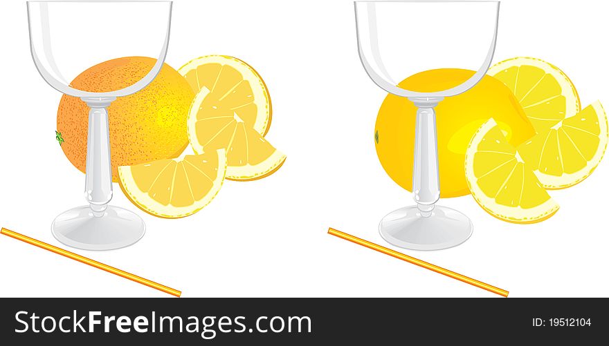 Glasses and pieces of lemon and orange. Illustration