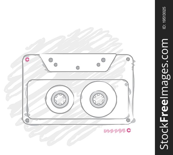 Illustration with a stylized gray compact cassette on grunge background