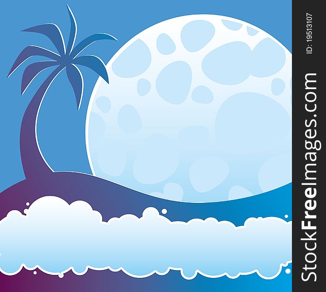 Illustration of tropical night with a palm, moon and sea foam