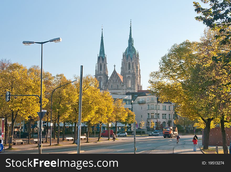 View at the street at Munich and famous St. Paul Church. View at the street at Munich and famous St. Paul Church