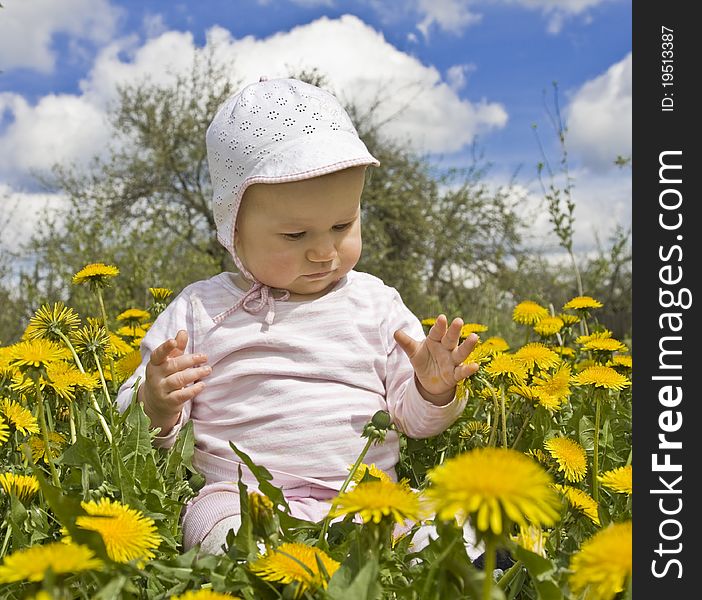 10 months old baby sitting in meadow with dandelions