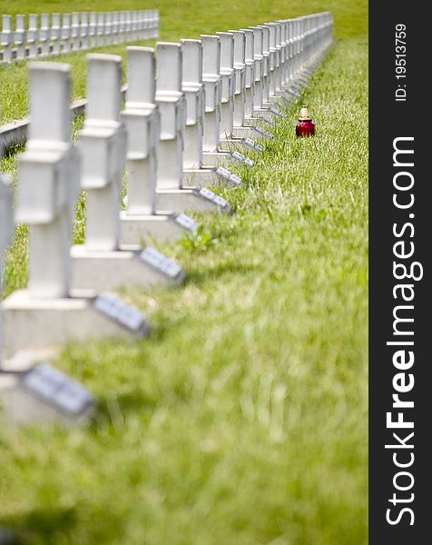 Row of crosses in the military cemetery in Zgorzelec in Poland