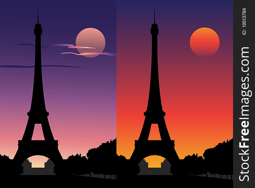 Eiffel Tower at sunset, under a full moon. Eiffel Tower at sunset, under a full moon