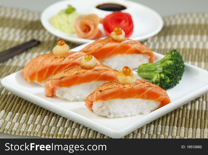 Hygiene clean and eatable salmon sushi, delicious japanese food isolated . Hygiene clean and eatable salmon sushi, delicious japanese food isolated