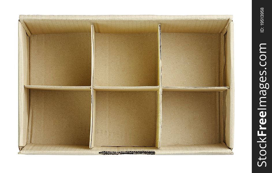 The empty paper box with free spaces in top view an image isolated on white. The empty paper box with free spaces in top view an image isolated on white