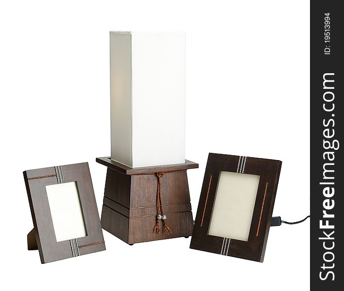 Wooden Lamp And Photo Frames Isolated