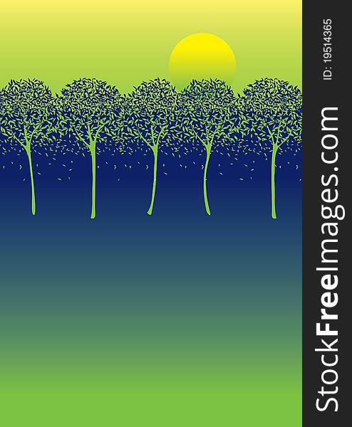 Abstract composition of five trees and sun. Abstract composition of five trees and sun