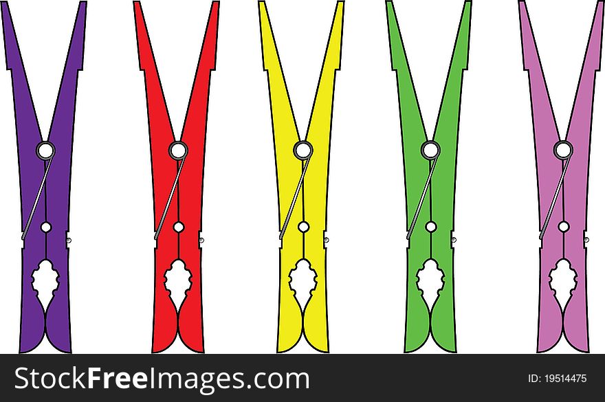 Five clothespins isolated on the white background