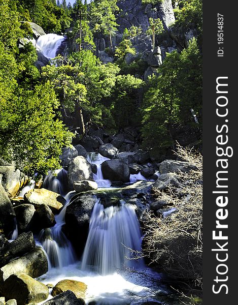 Several waterfalls cascading over the rocks