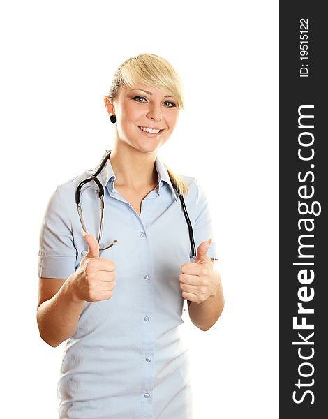 Isolated portrait of a beautiful caucasian doctor with thumbs up. Isolated portrait of a beautiful caucasian doctor with thumbs up