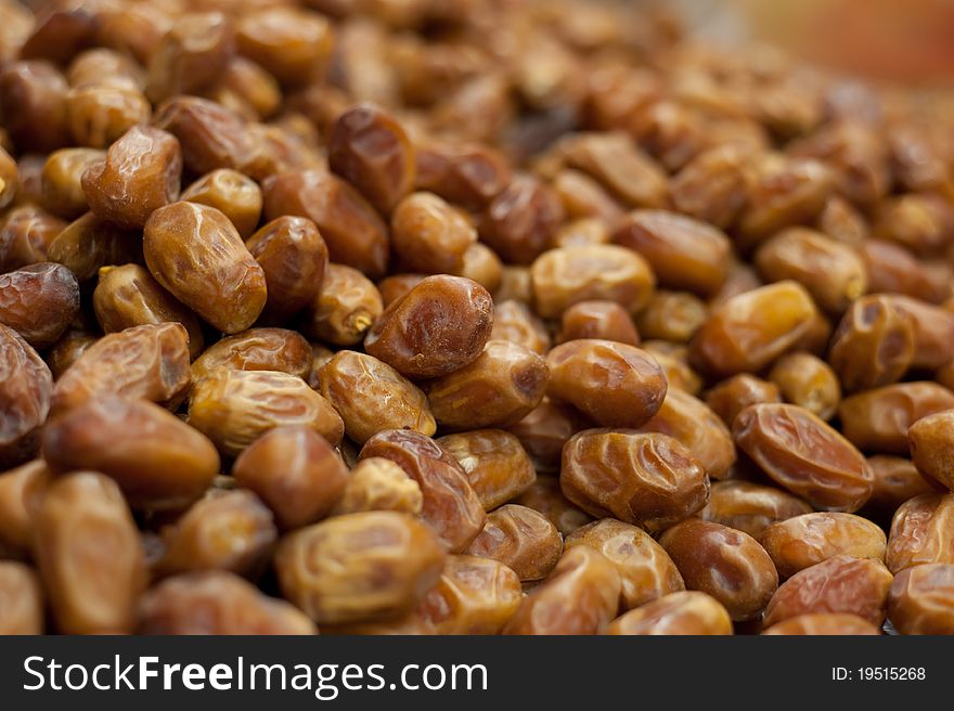 A pile of dried dates in a spice and dry goods store in Nazareth, Israel.