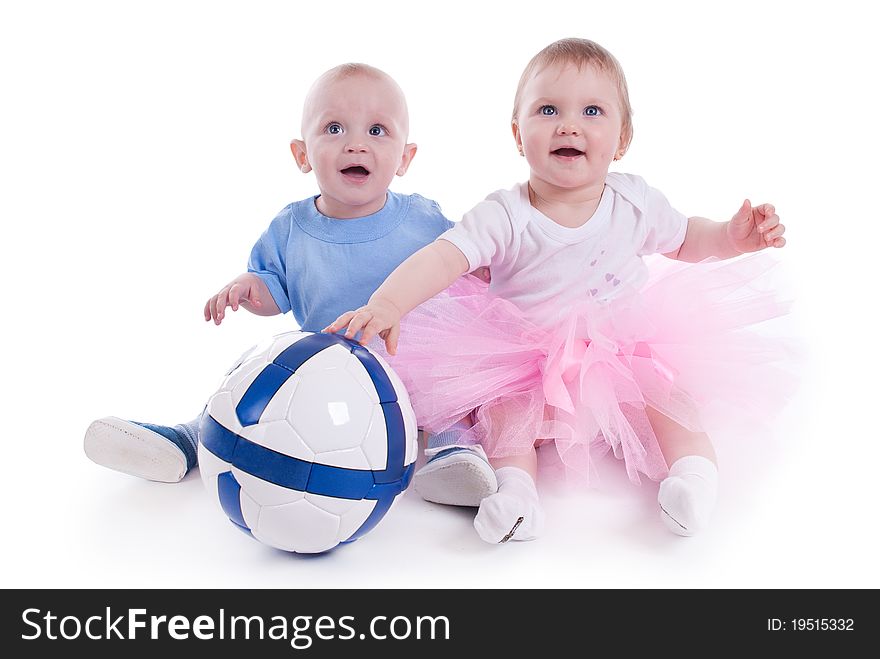 Little football player boy with a girl - fan. Little football player boy with a girl - fan