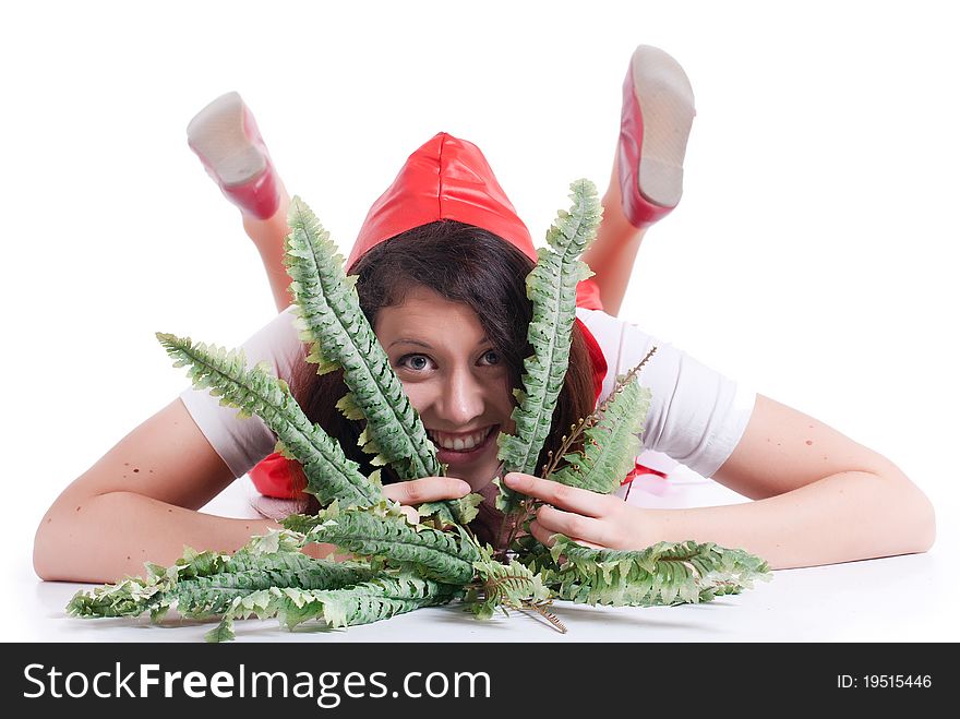 Full-length portrait of lying Red Riding Hood isolated on a white