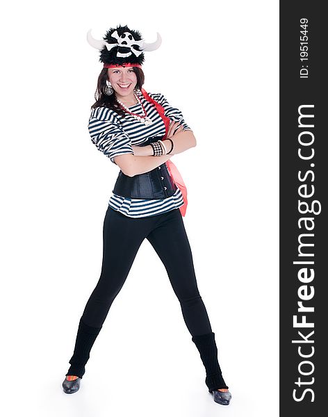 Full-length portrait of Attractive woman in a pirate costume and hat