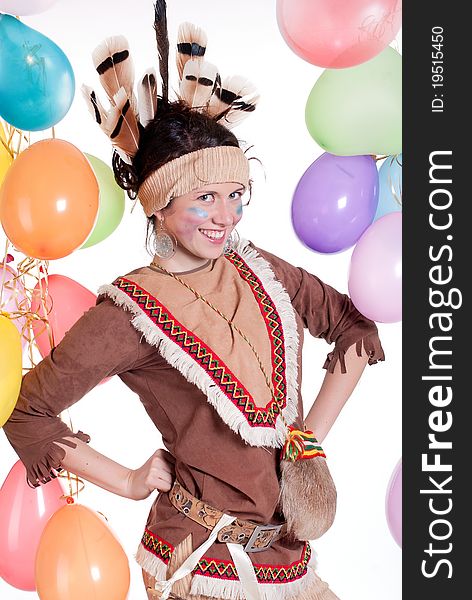 Portrait of a girl dressed as an Injun on a white studio background. Portrait of a girl dressed as an Injun on a white studio background