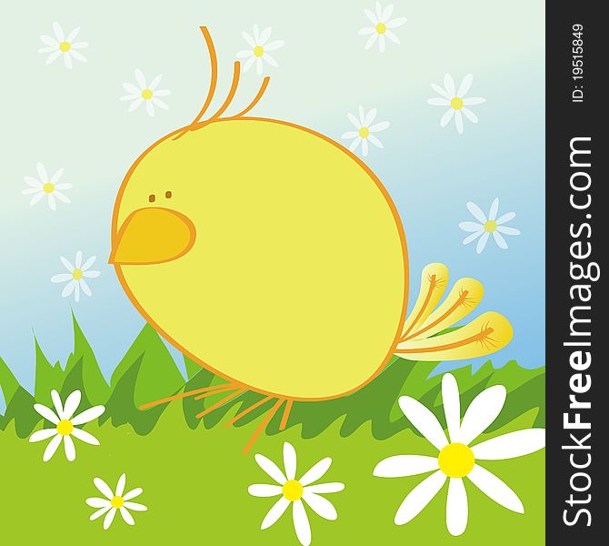 Eggy chicken character illustration with floral background and grass. Eggy chicken character illustration with floral background and grass