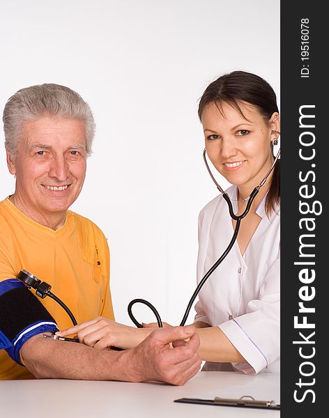 Young doctor with patient on white background. Young doctor with patient on white background