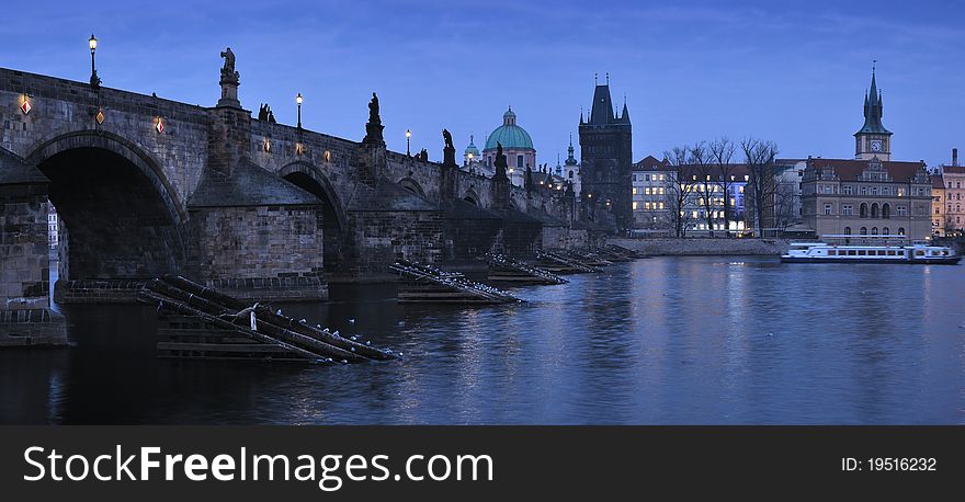 Night Prague Charles Bridge as Rhapsody in the Blue. Night Prague Charles Bridge as Rhapsody in the Blue