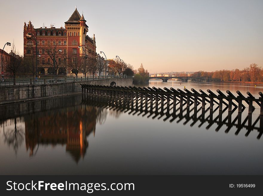 Morning Prague Riverside near Charles Bridge