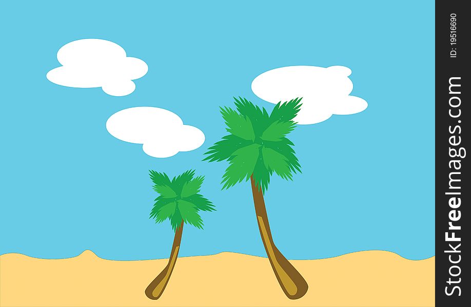 Vector illustration of palm trees on the beach, blue sky and white clouds, holiday concept.